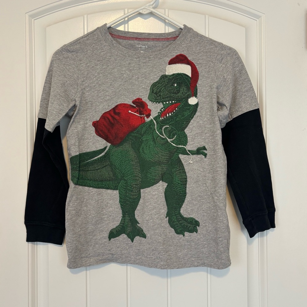 Carter's Boys Gray Dinosaur Santa Long Sleeve Shirt Size 10